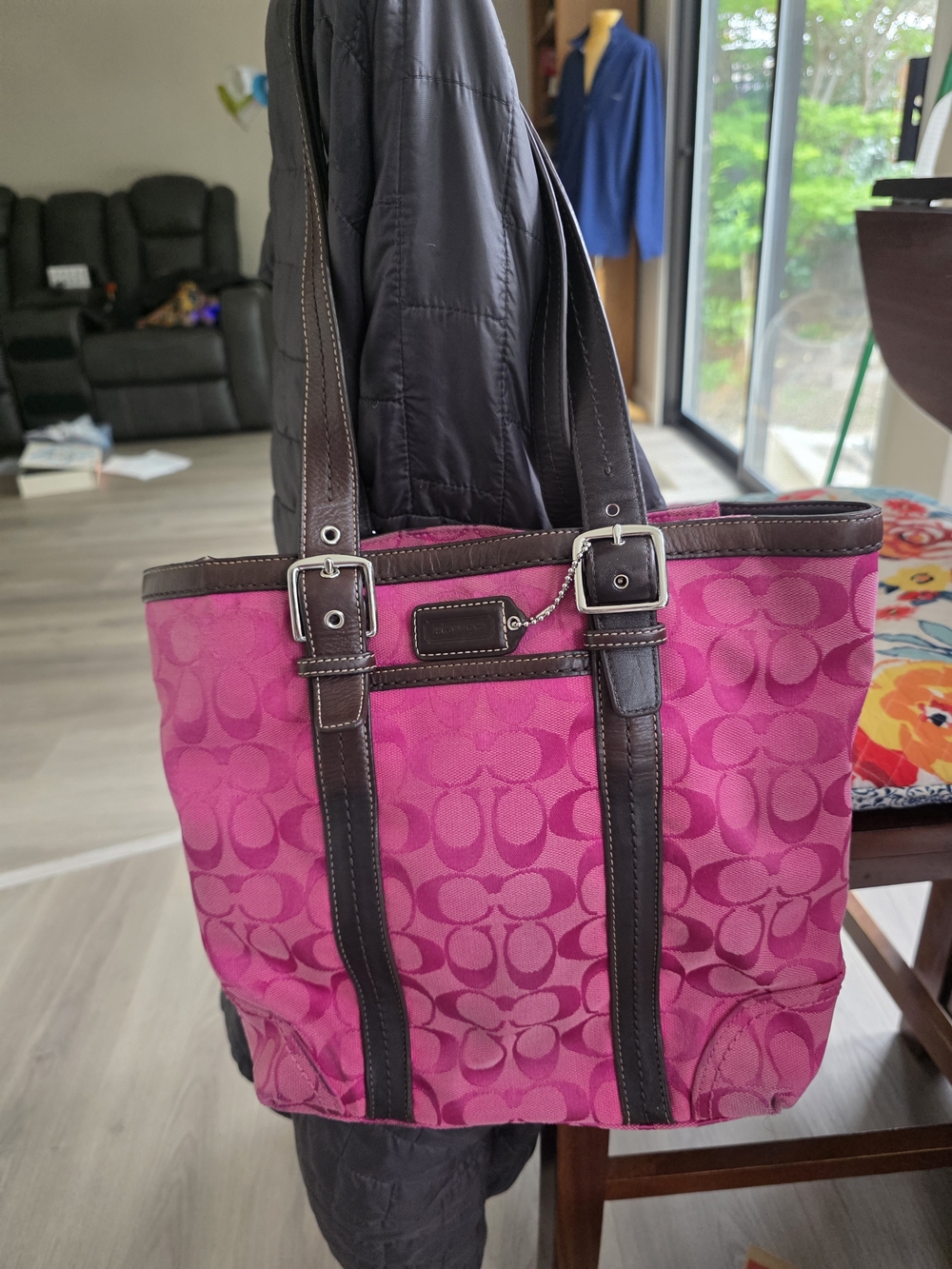Coach Pink Signature Canvas Tote with Dark Brown Leather Trim